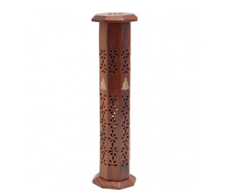 Carved Wooden Incense Tower With Brass Buddha Inlay