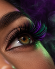 Witch Halloween lash look: black lashes mixed with purple and green colour lashes