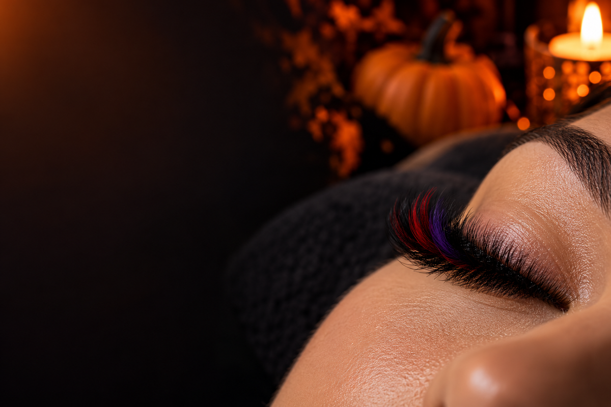 Closed eye with black volume lash extensions and red and purple colour lashes, with pumpkins and candlelight behind