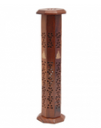 Carved Wooden Incense Tower With Brass Buddha Inlay