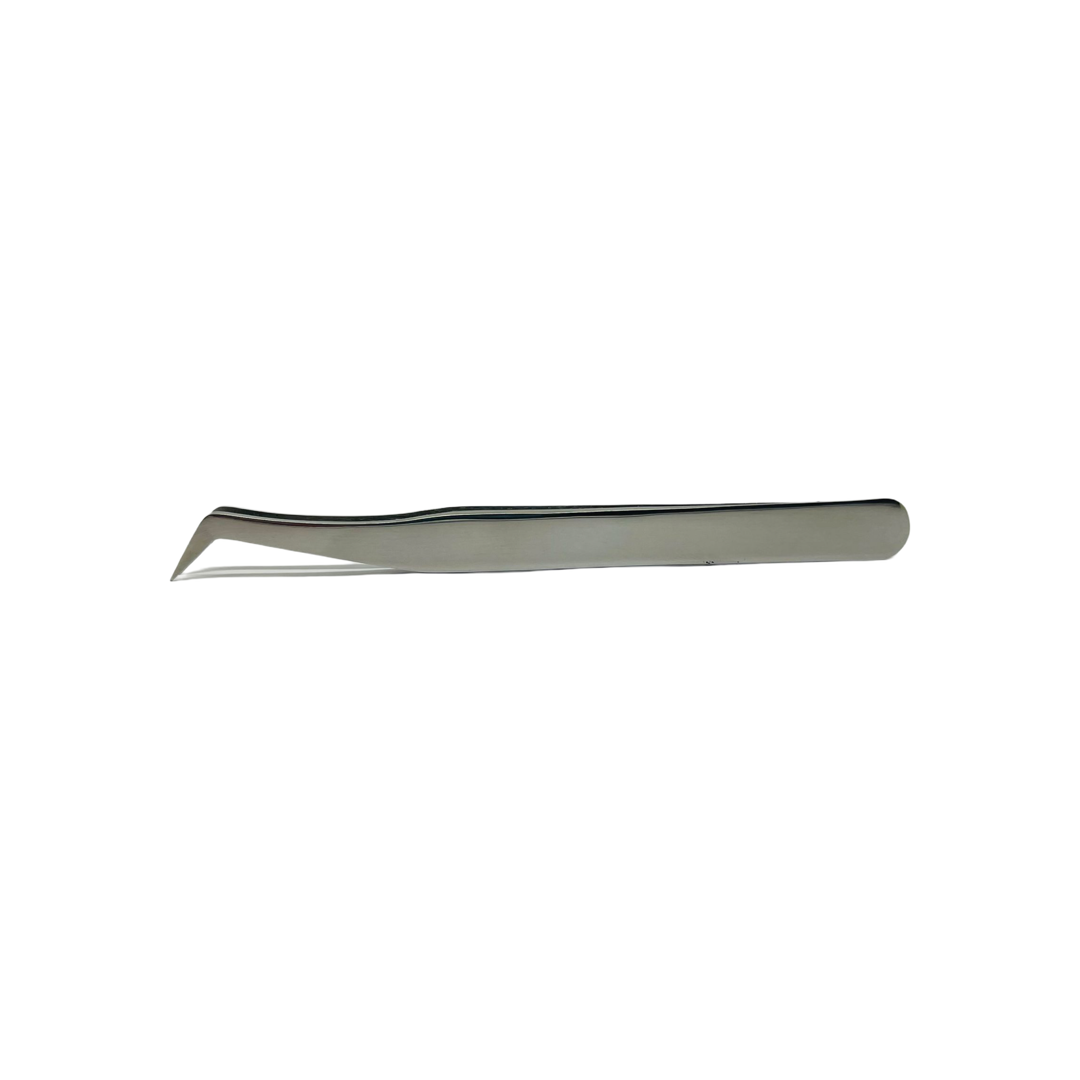 A sleek shiny silver tweezer with a curved tip, designed for picking up eyelash extensions.