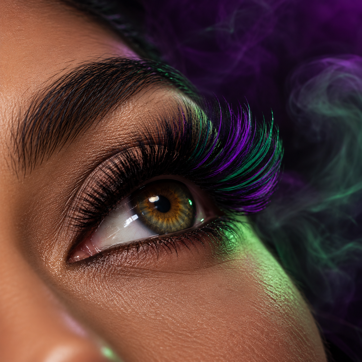 Witch Halloween lash look: black lashes mixed with purple and green colour lashes