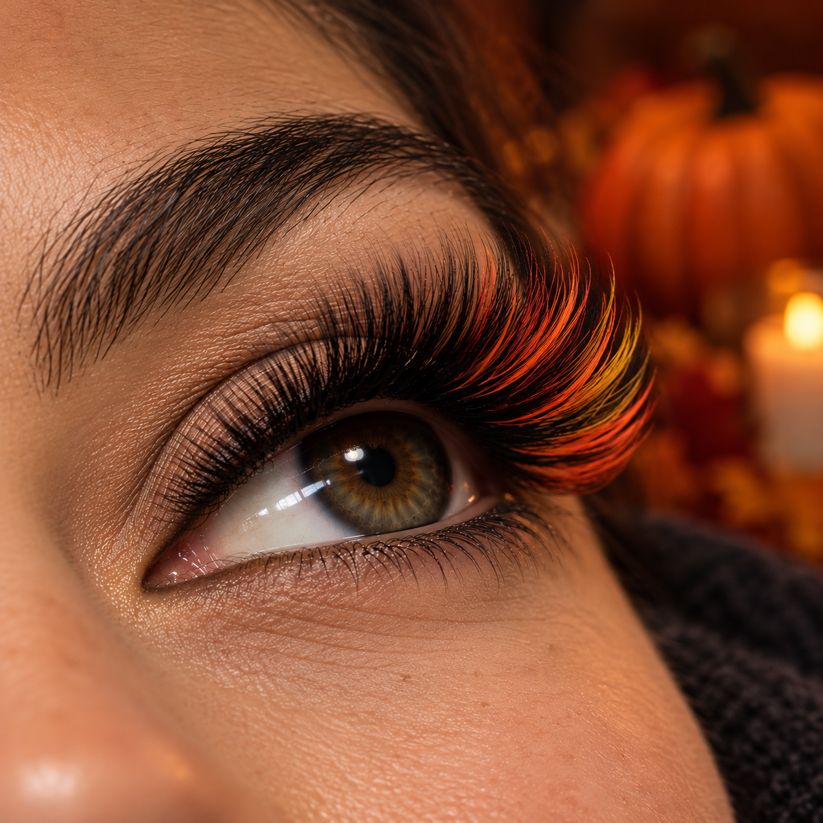 Pumpkin Halloween lash look with coral and yellow colour lashes