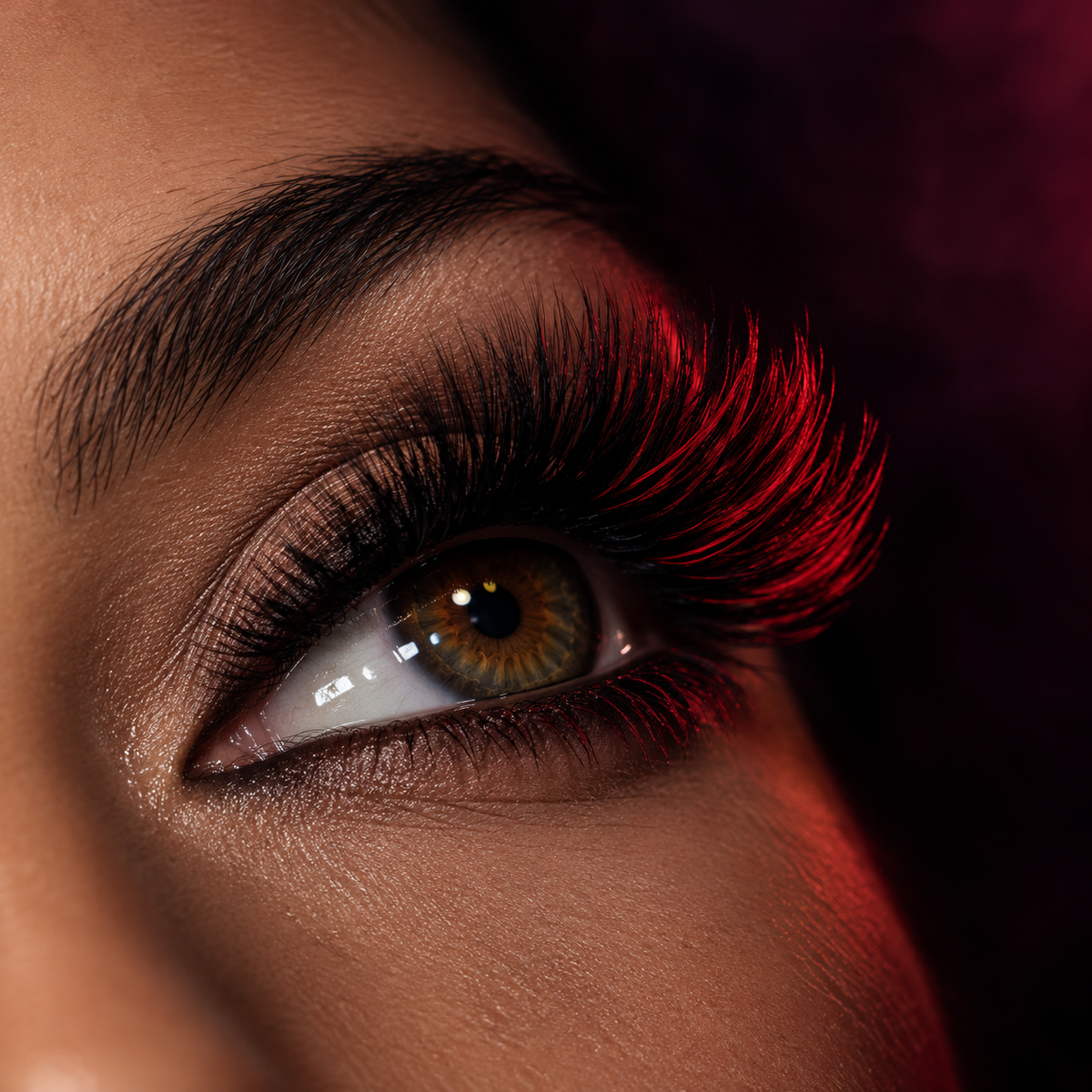 Vampire Halloween lash look: black volume lashes with red colour lashes in the outer corner