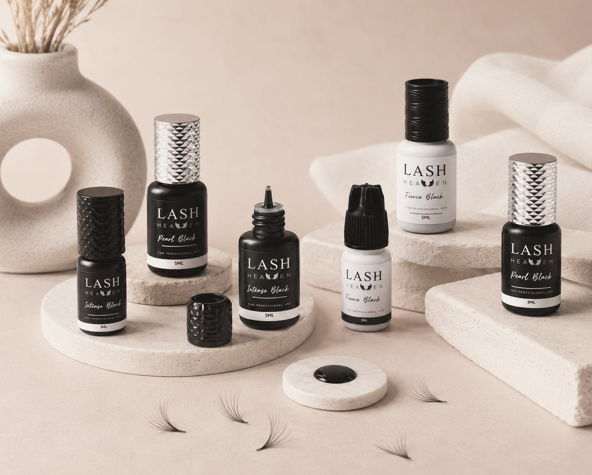 Lash Heaven lash adhesives on stone plinths