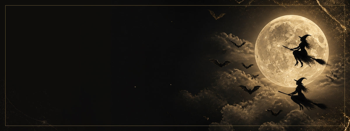 Gold bats and witches on broomsticks flying past a full moon, Lash Heaven Halloween sale