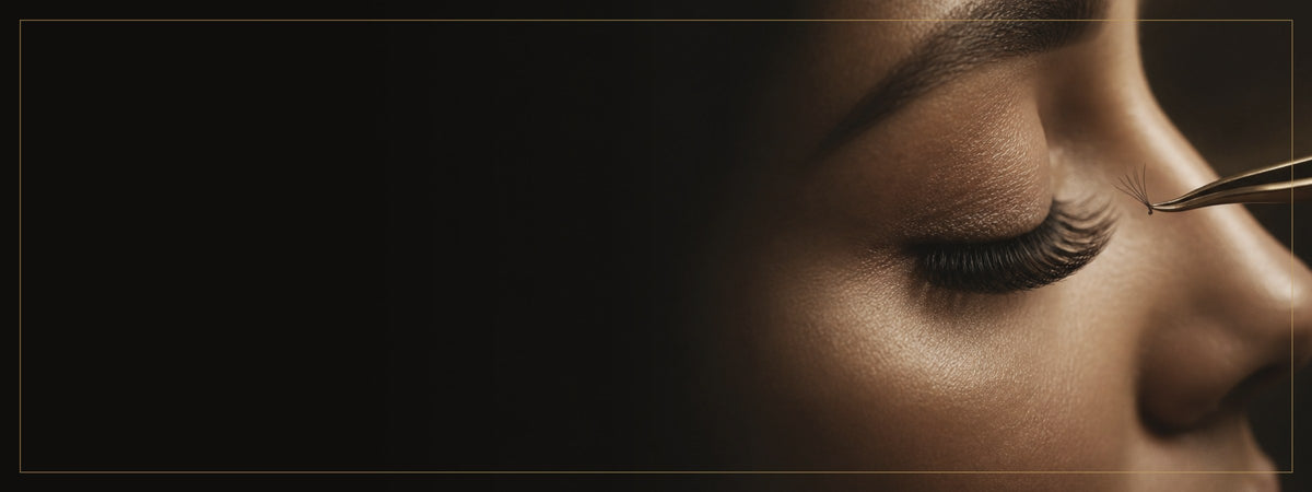 Close-up of a closed eye with volume lash extensions being applied with gold tweezers